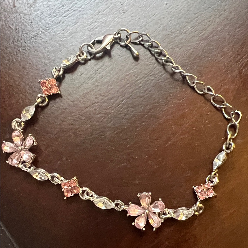 Delicate Pink Floral Crystal Bracelet - Women's Jewelry